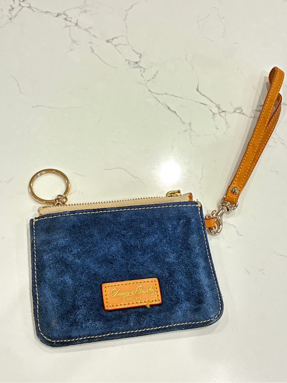 Dooney & Bourke Navy Suede Wristlet with Tan Trim